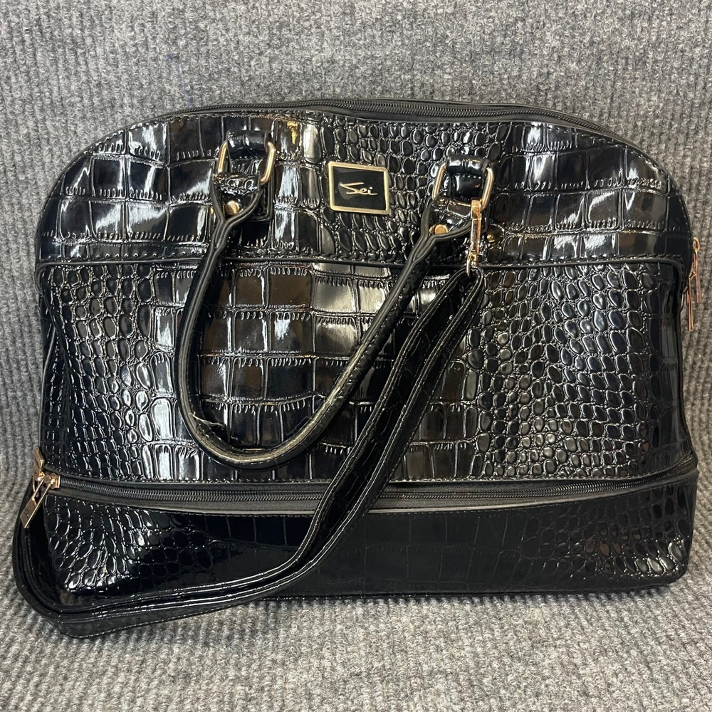 Sei Satchel Bag LARGE‎ Black Croc Embossed Patent Faux Leather Handbag Travel